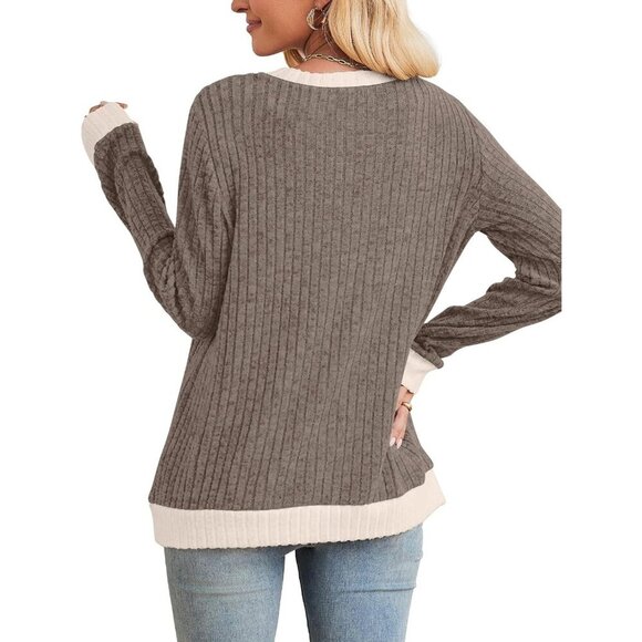 Womens Long Sleeve Tops Color Block Lightweight Sweaters Loose Fit Crewneck Fall - Picture 5 of 5